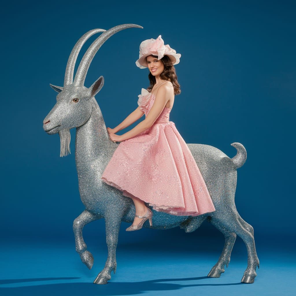 Woman Rides a Glittering Goat in Fantasy Scene