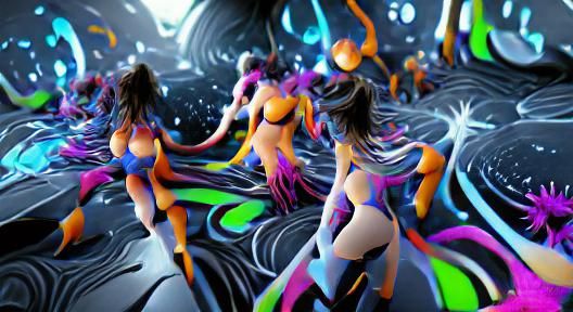 Colorful Sexy Women Dancing in Galactic Sci-Fi Style