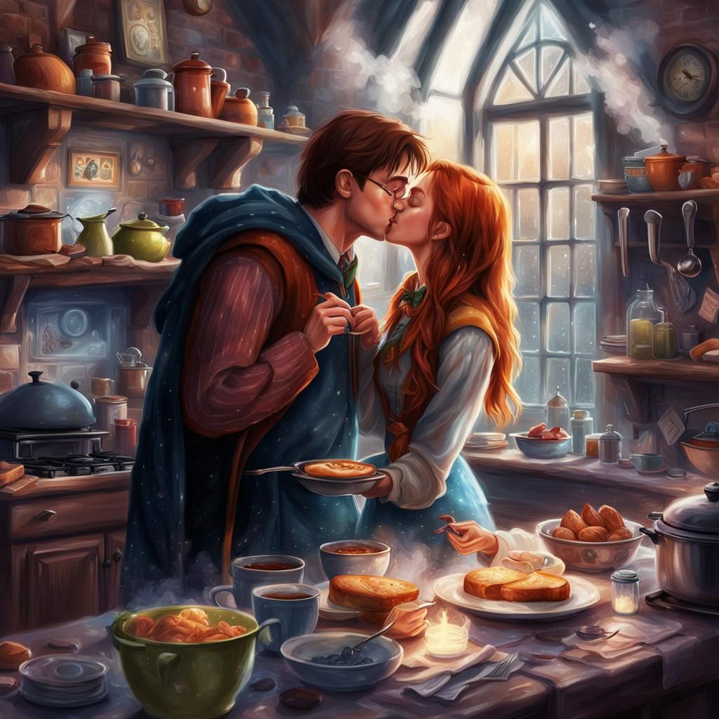 Romantic Kiss in the Burrow Kitchen, Digital Illustration