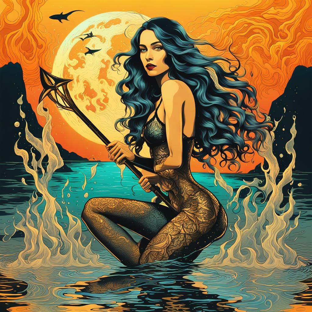 Steamy Beach Pop Art with Mermaid and Shark