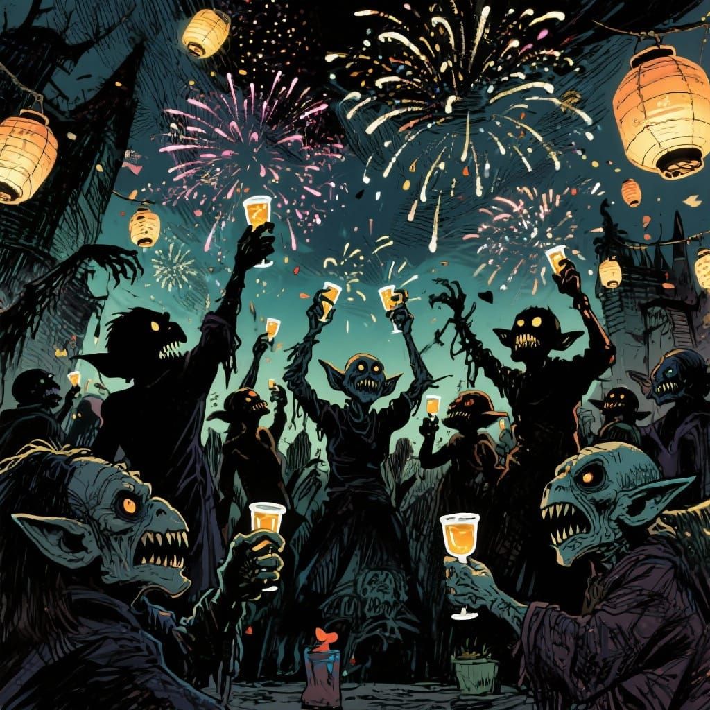 Monsters Celebrate New Year's Eve in Scratchy Ink Style