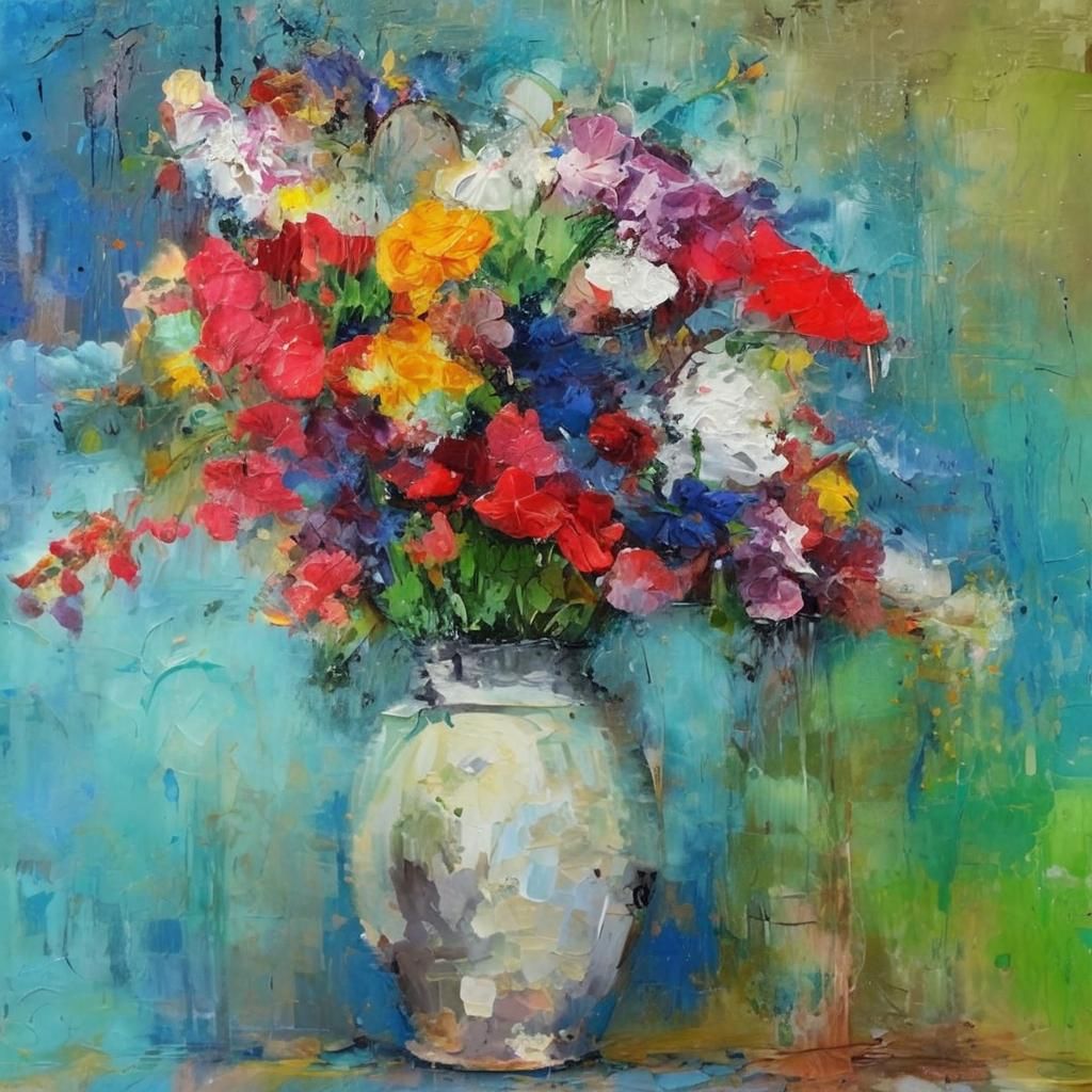 Impressionist Still Life with Flowers and Dripping Paint