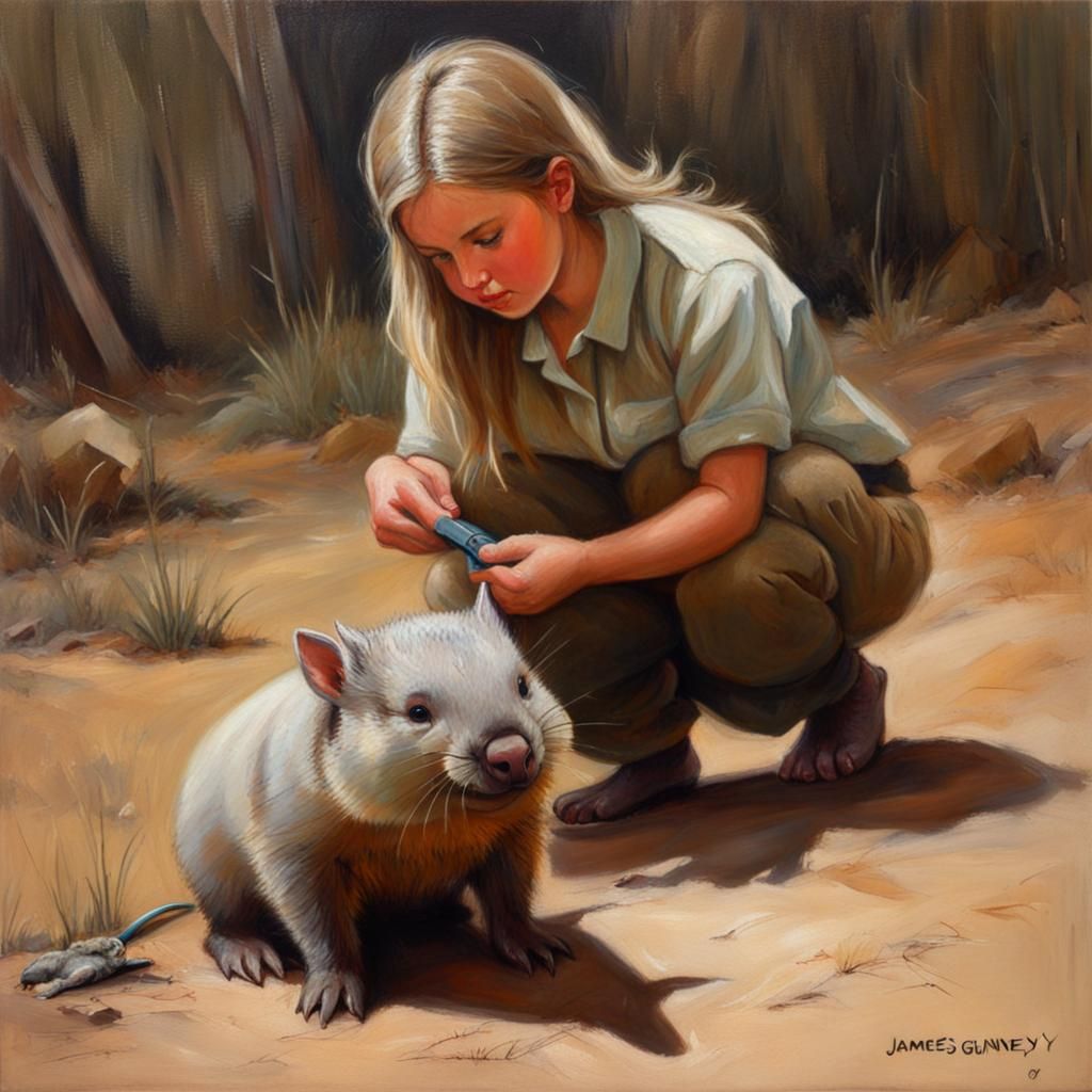 Girl Caring for Wombat in Oil Painting Style