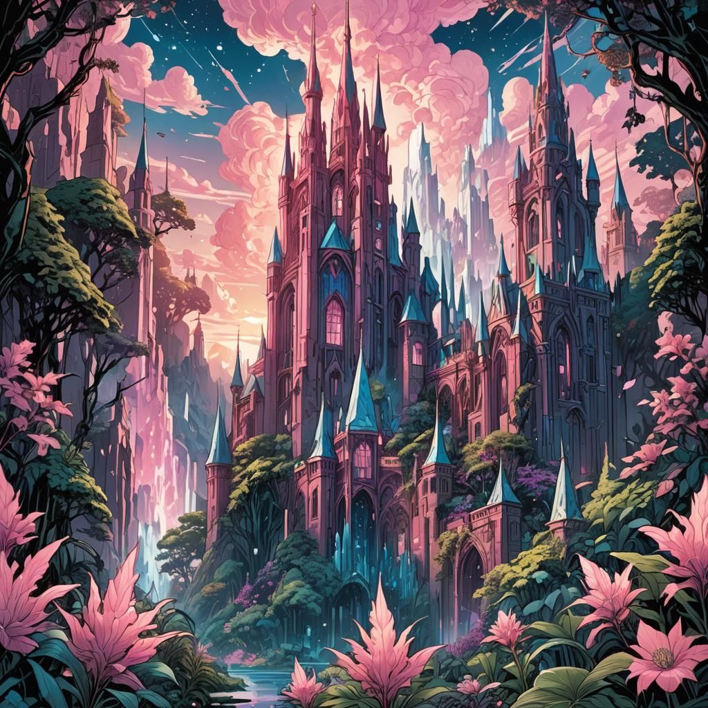 Fantastical Pink World in Comic Book Style