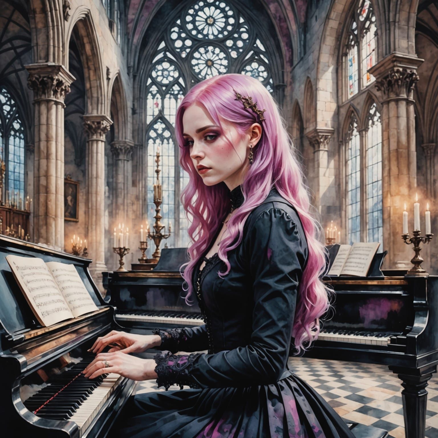 Gothic Watercolor Woman Plays Piano in a Haunting Church