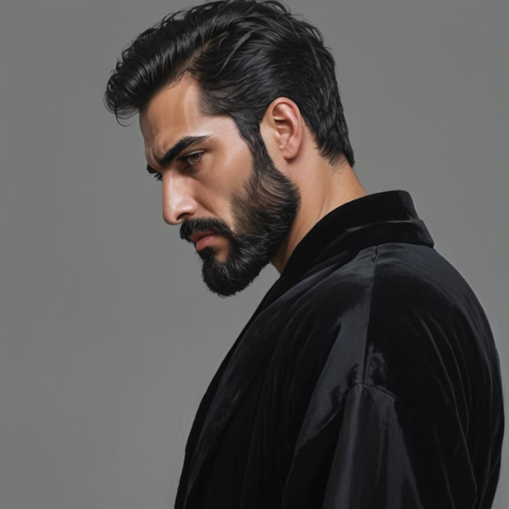 Elegant Man with Beard in Velvet Robe, Photorealistic Portra...