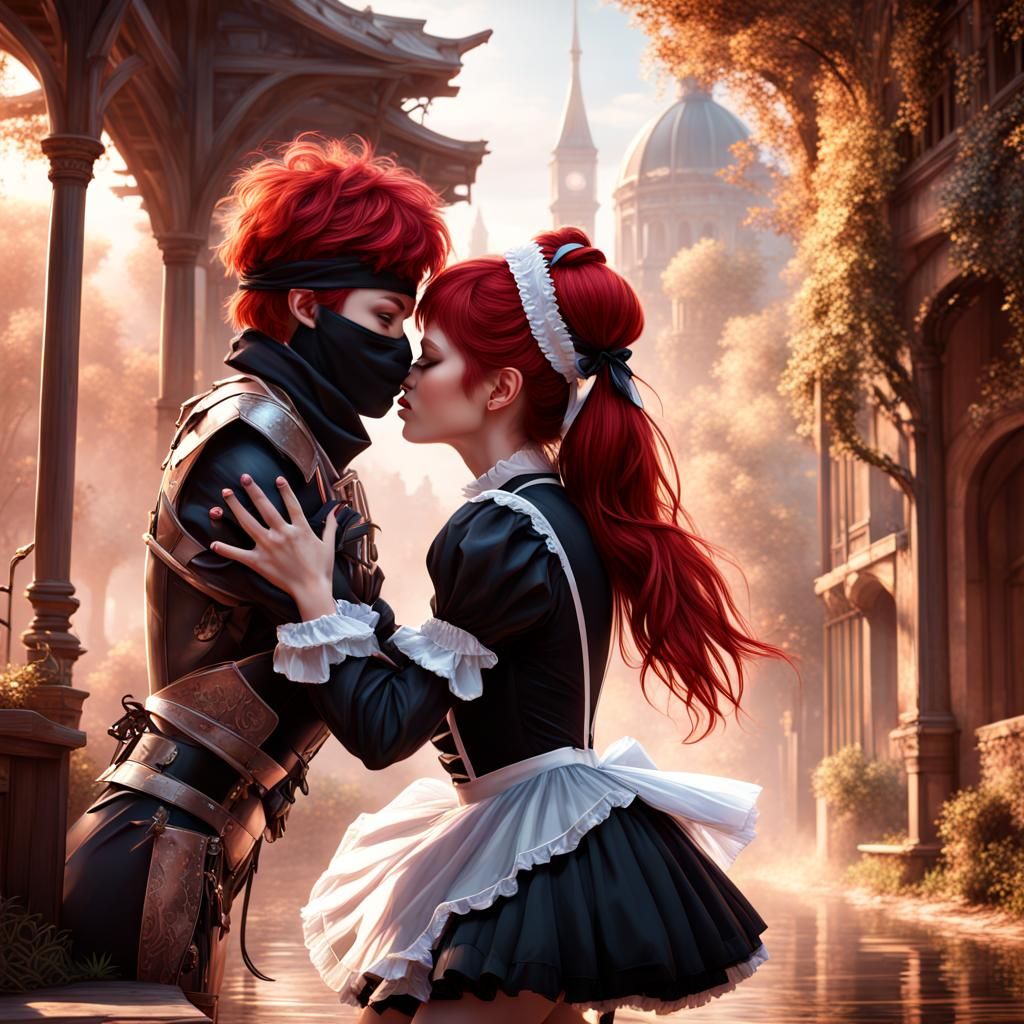 Ballerina Ninja and French Maid Kiss: Detailed Matte Paintin...