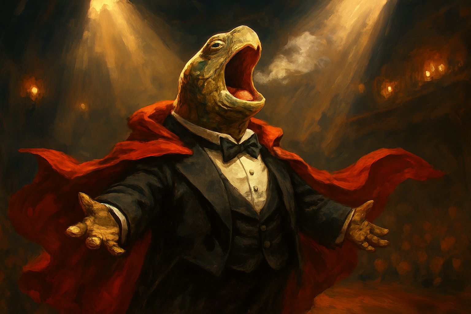 Opera Singing Turtle on Stage in Dramatic Lighting