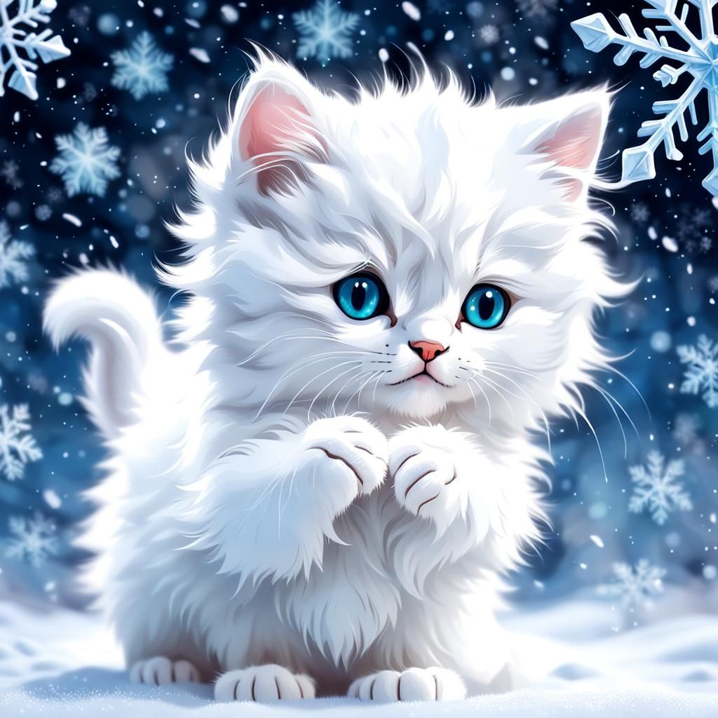 Kitten and Snowflake in Blizzard