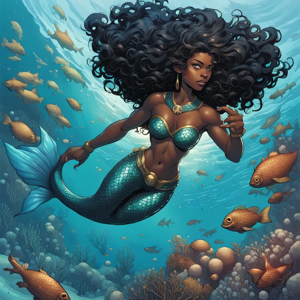 Black Mermaid in Turquoise Ocean, Comic Book Art