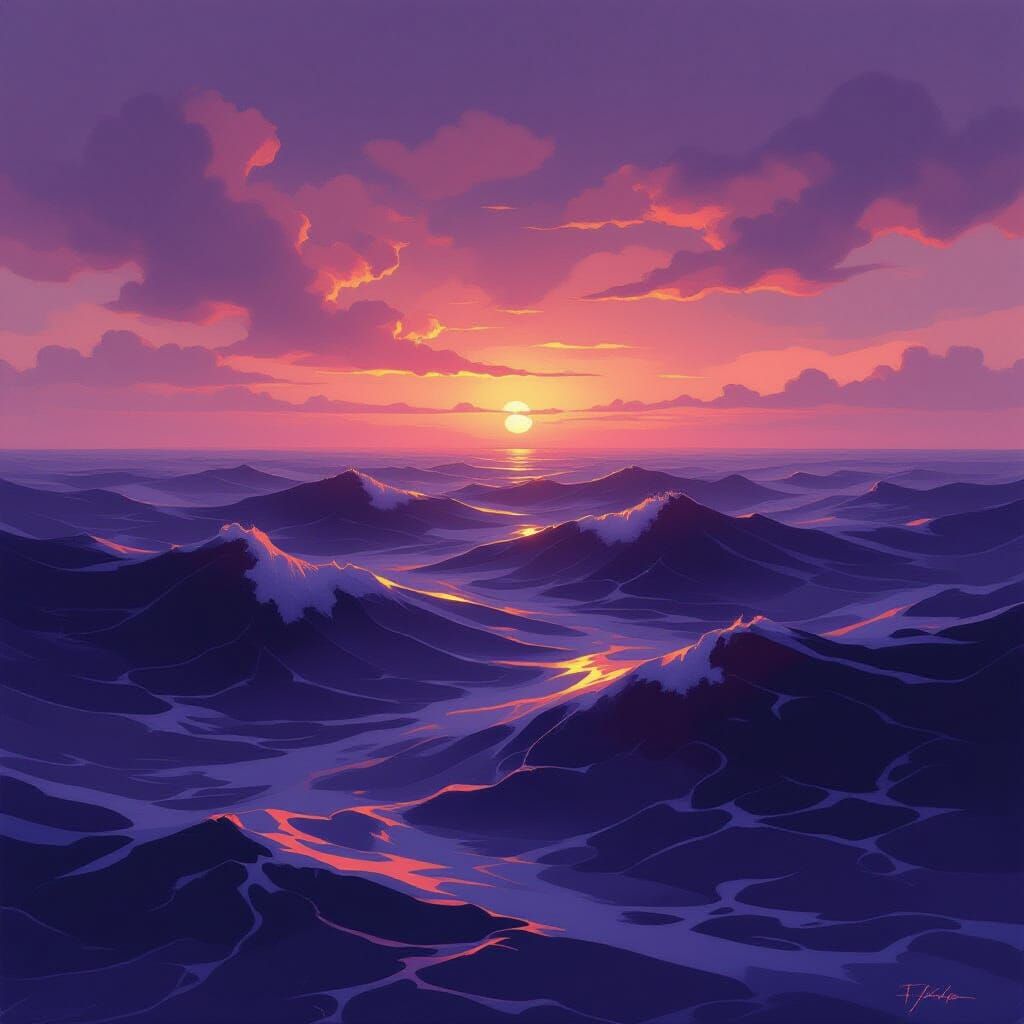 Burgundy Ocean Waves Under Twilight Sky