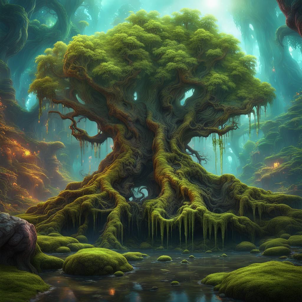 Psychedelic Moss-Dripping Ancient Tree: Detailed Matte Paint...