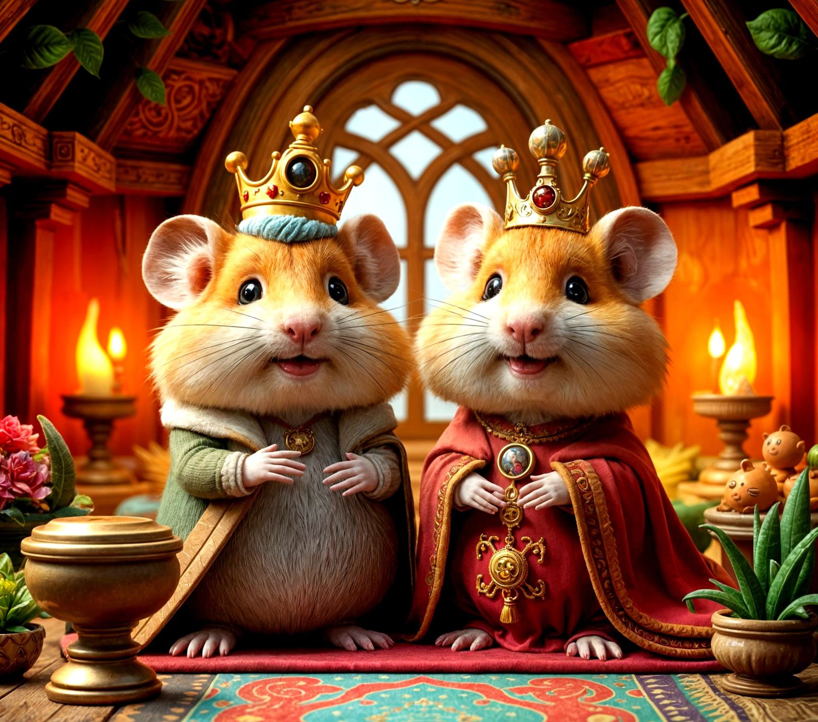 Whimsical Hamster King and Queen in Vibrant Palace