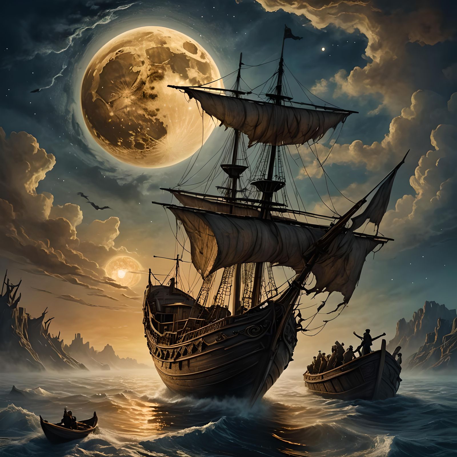 Golden Moon Boat in Horror Art Style