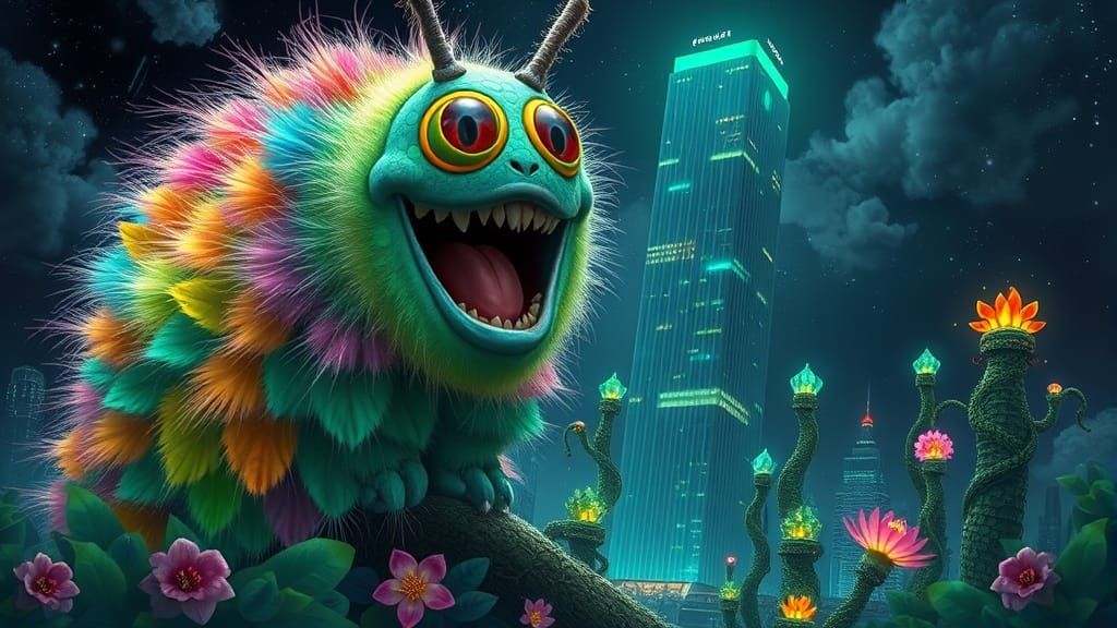 Rainbow Caterpillar Eats Skyscraper in Hyperrealistic Style