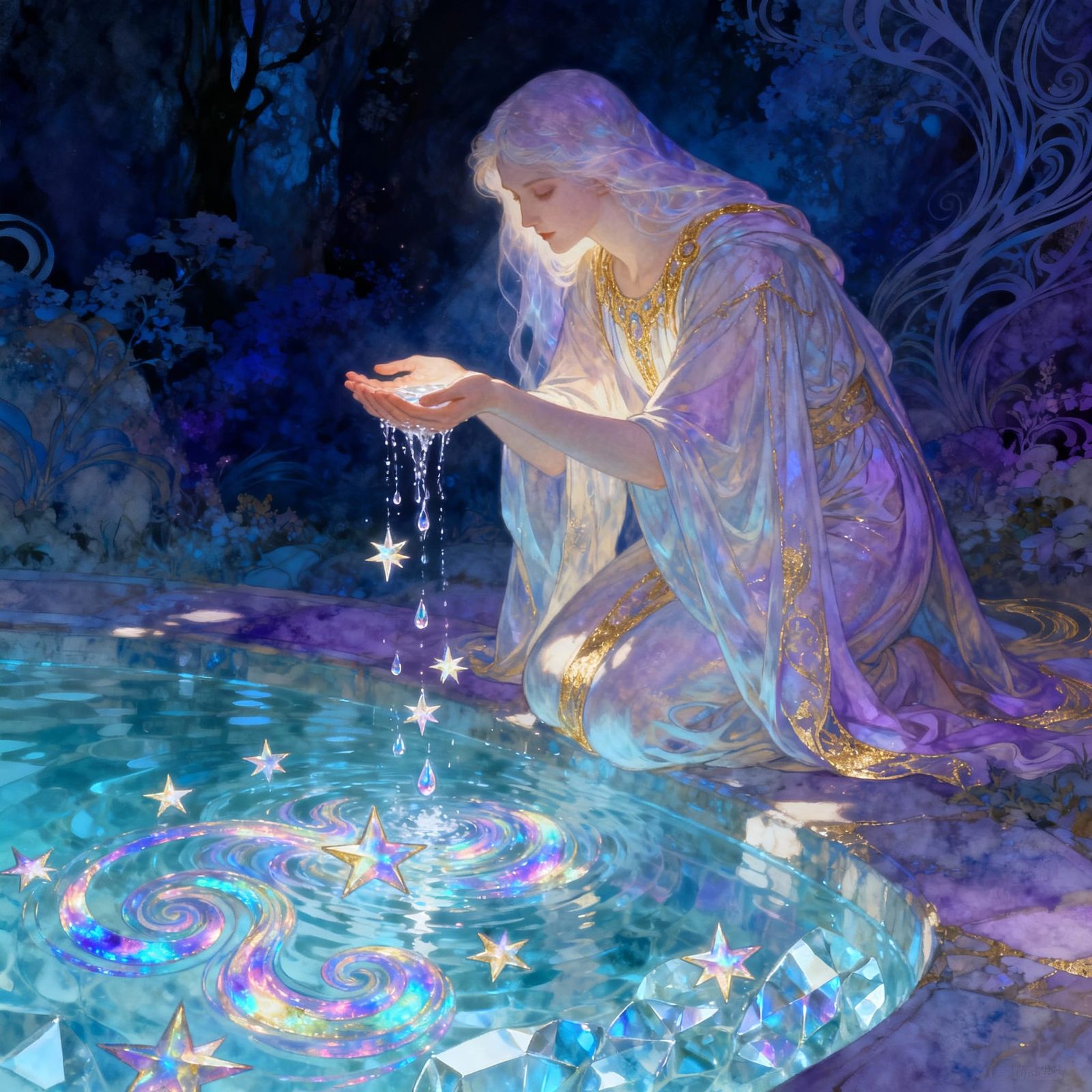 Mystic Figure Creates Dream Stars from Water