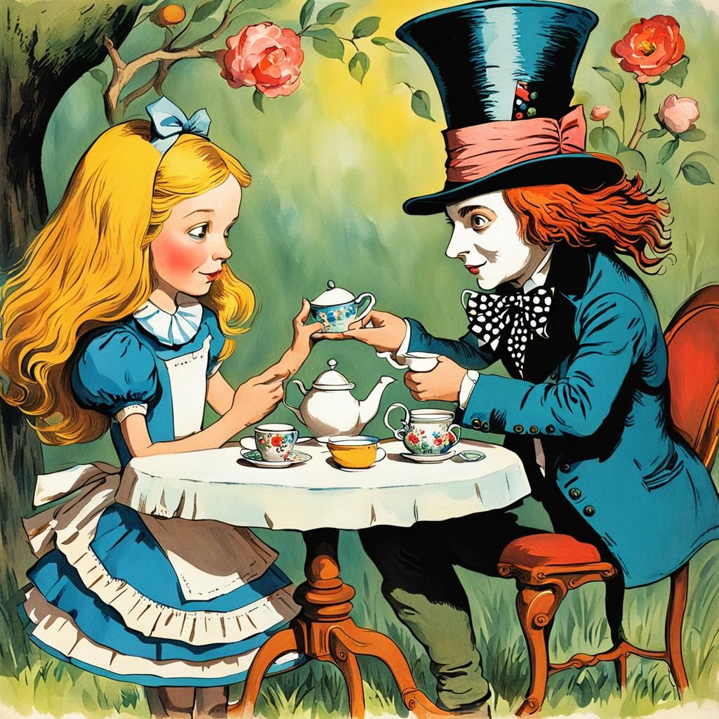 Alice and Mad Hatter Tea Party: Storybook Illustration