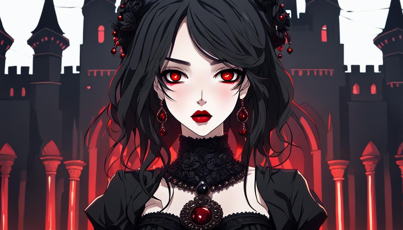 Anime Girl in Dark Castle with Red Eyes