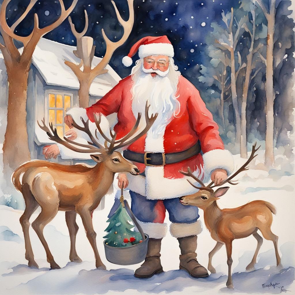 Santa Tending Reindeer in Tomie De Paola Watercolor