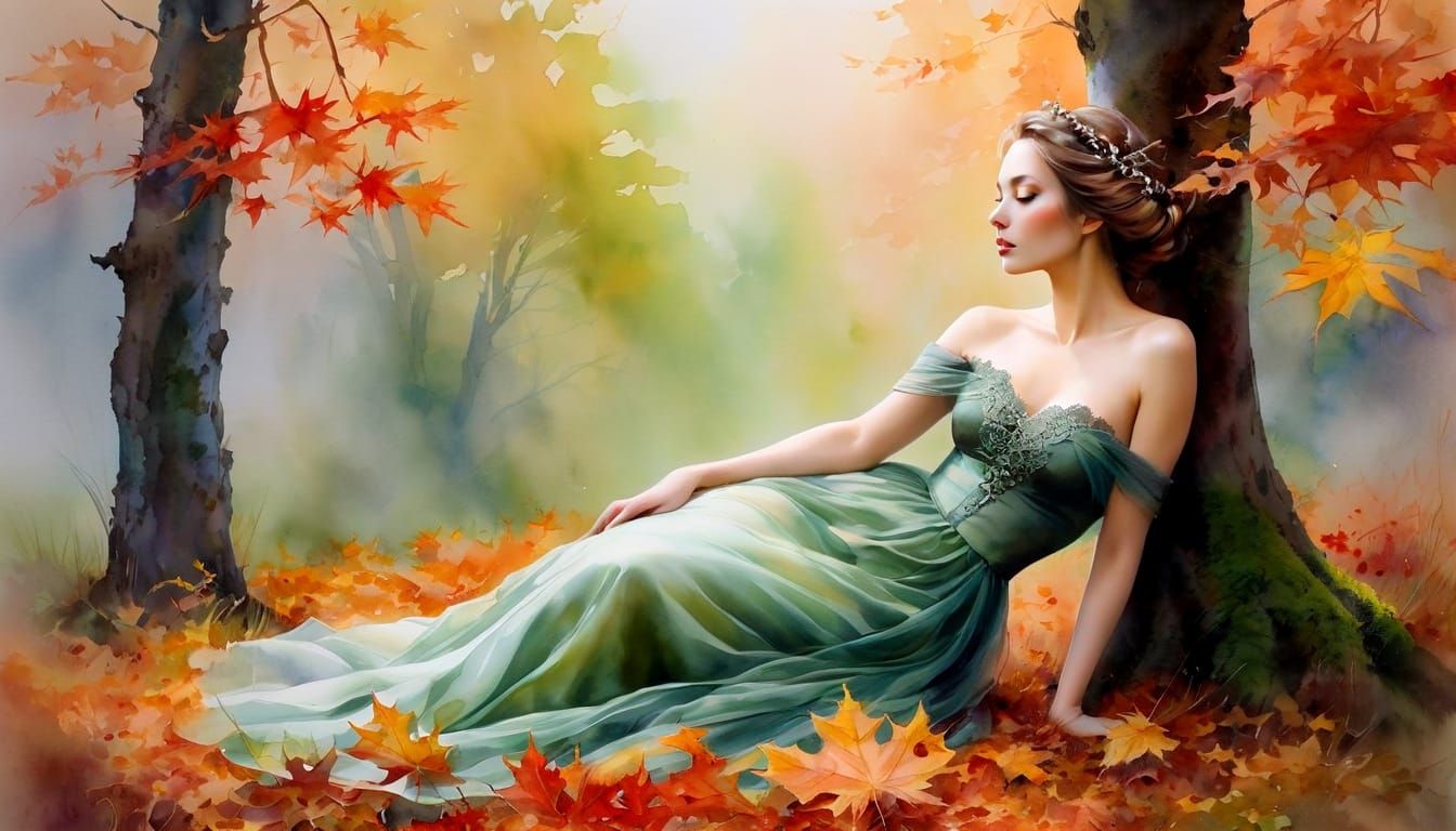 Woman in Autumn Leaves with Baroque Dress