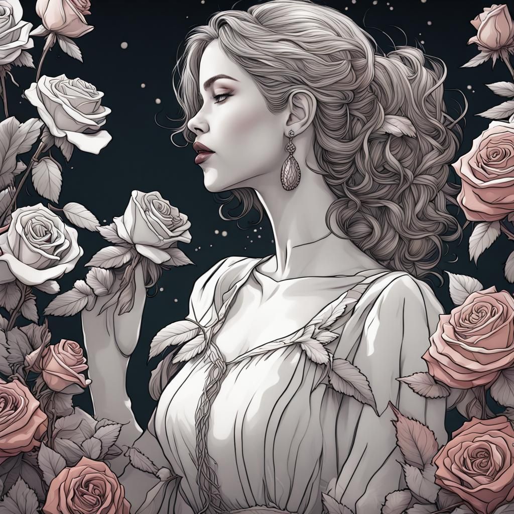 Girl Smelling a Rose in Detailed Line Art