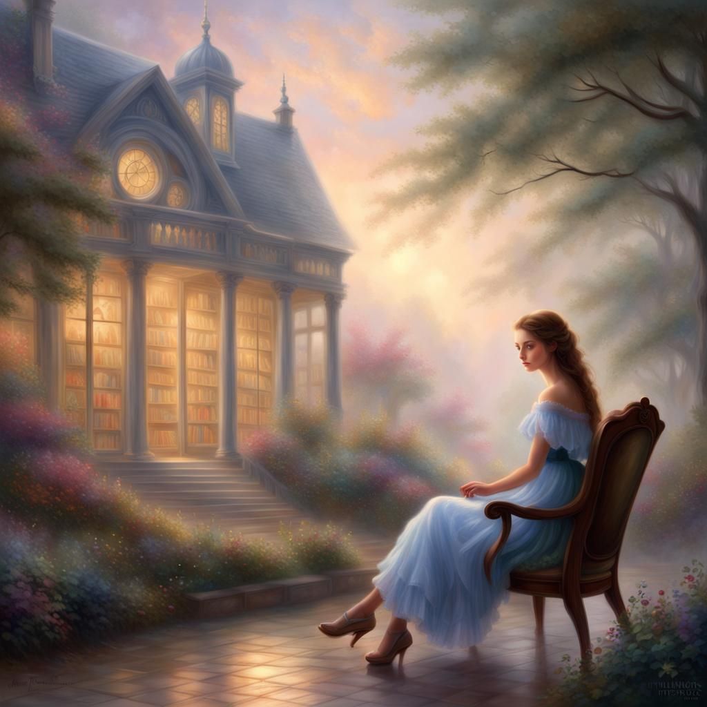 Ethereal Girl in Library, Fantasy Art