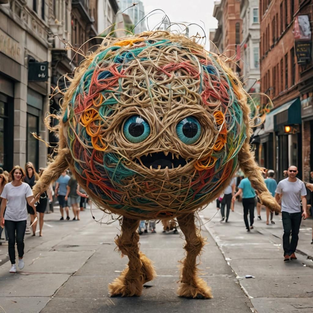 Colorful String Creature Dancing in City Street