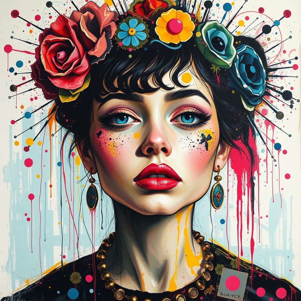 Vibrant Surrealist Portrait in Trash Polka Style