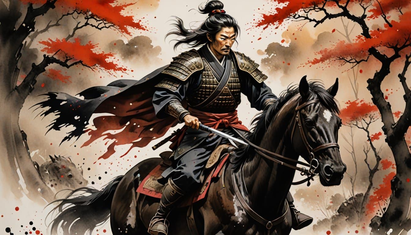 Tomoe Gozen Charging into Battle: Sumi-e Ink Wash