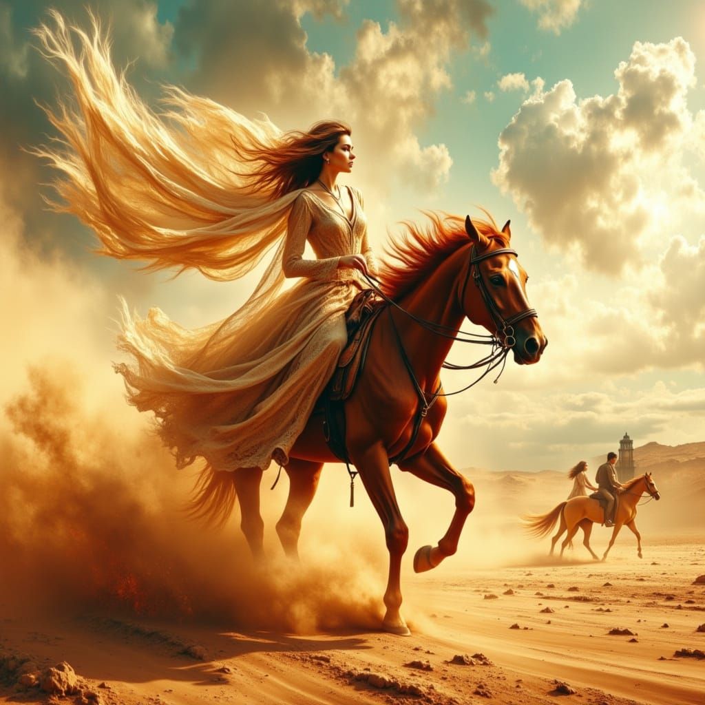 Woman on Horse in Desert Wind, Hyperdetailed Airbrush Style
