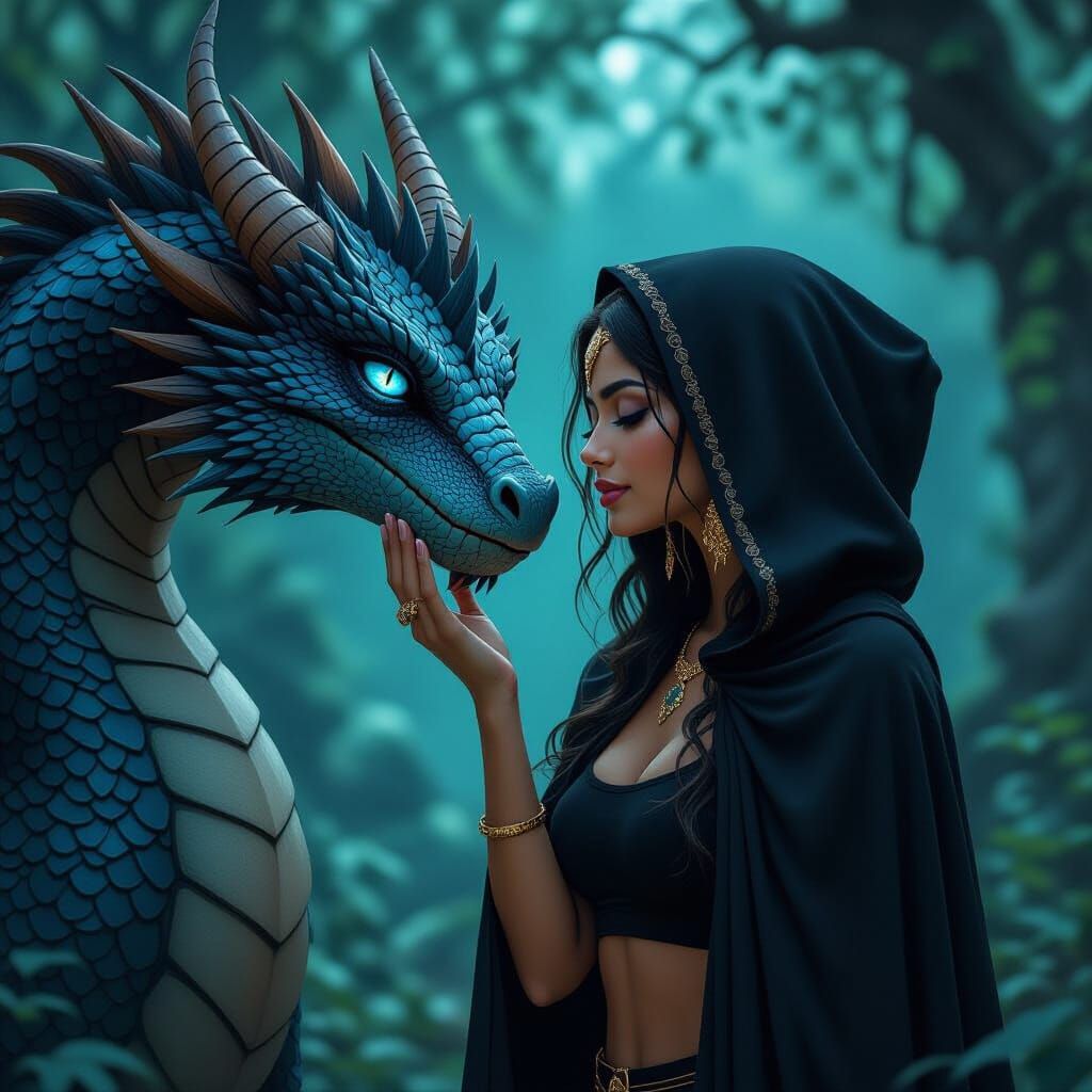 Woman and Dragon: Mystical Forest Encounter