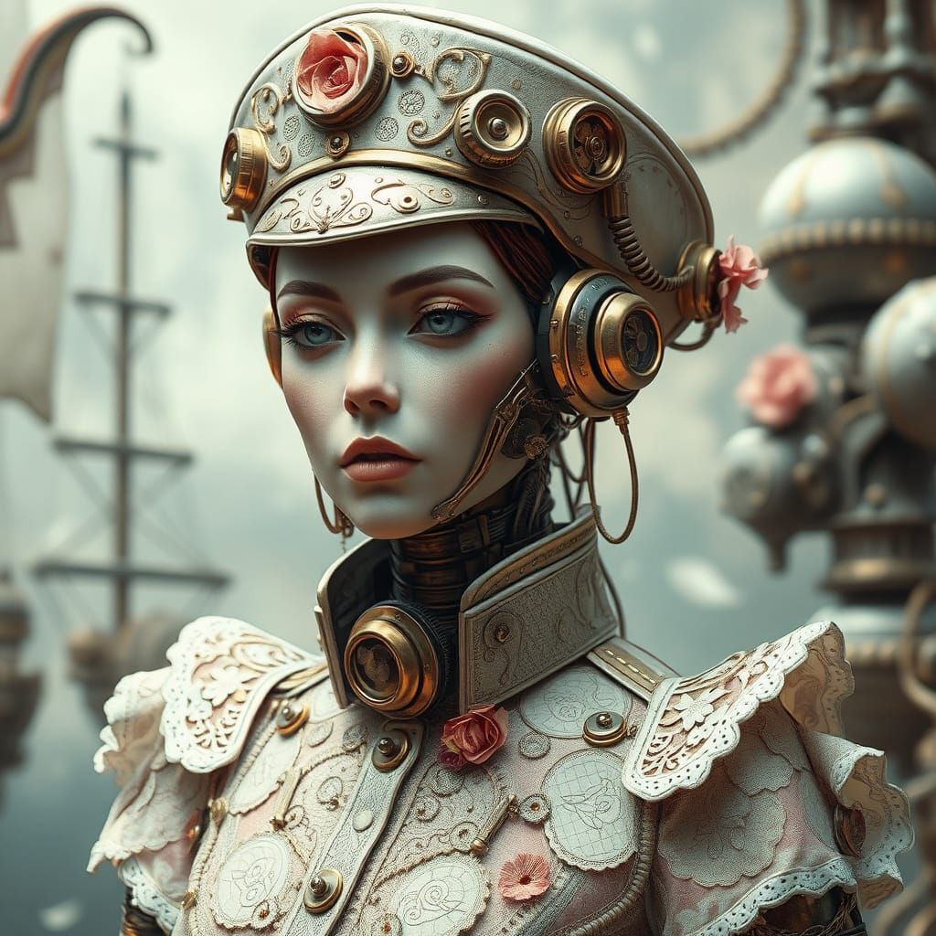 Steampunk Cyborg Ship Captain in Futuristic Style