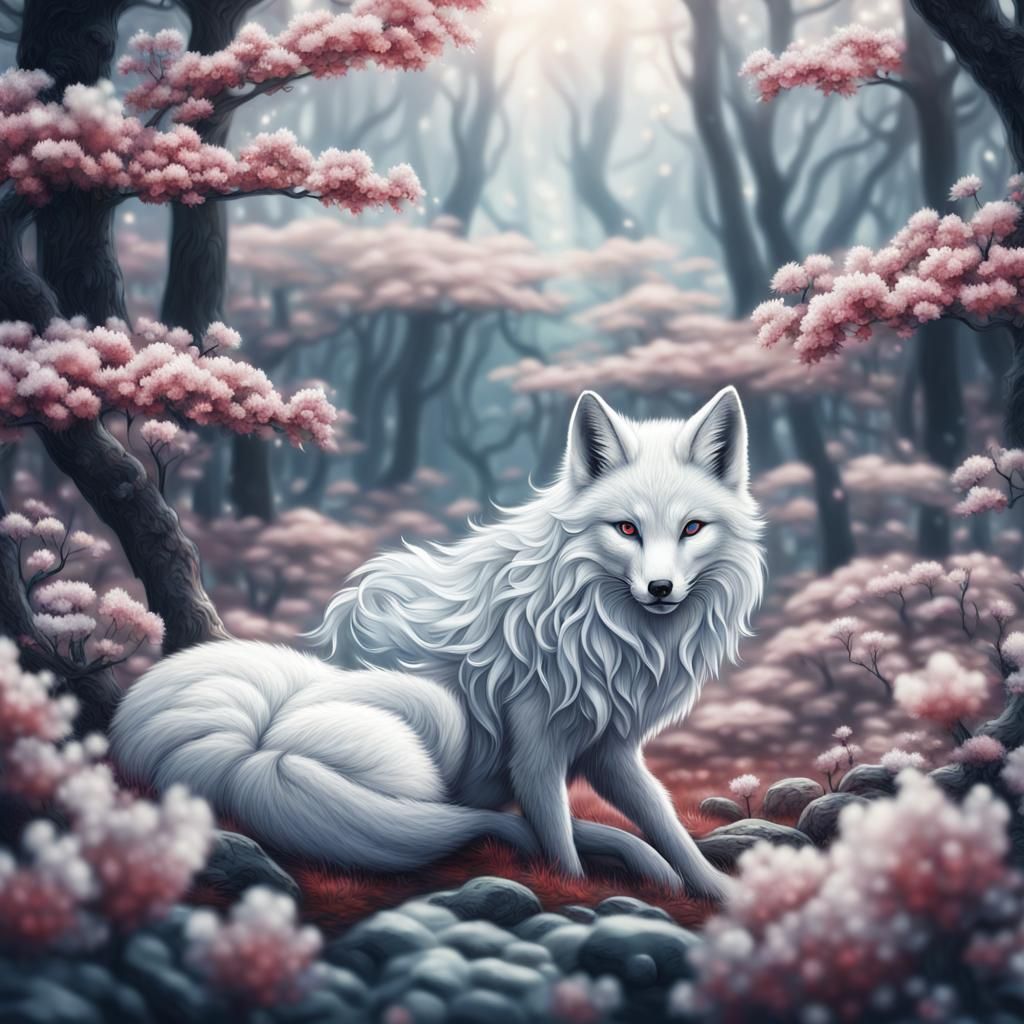 White Nine-Tailed Fox in Blossoming Forest