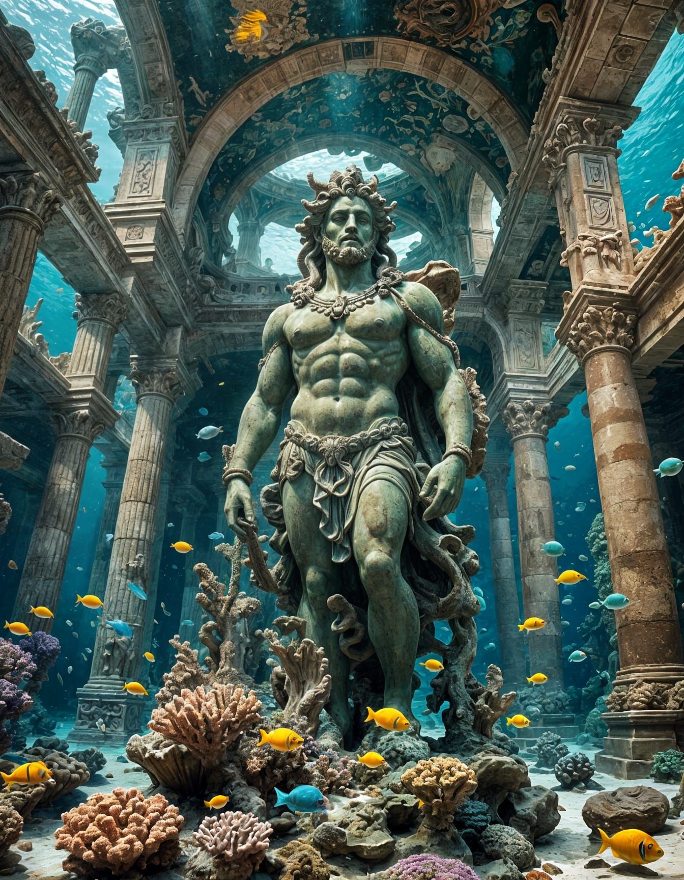 Colossal Neptune Statue in Submerged Atlantis Cathedral