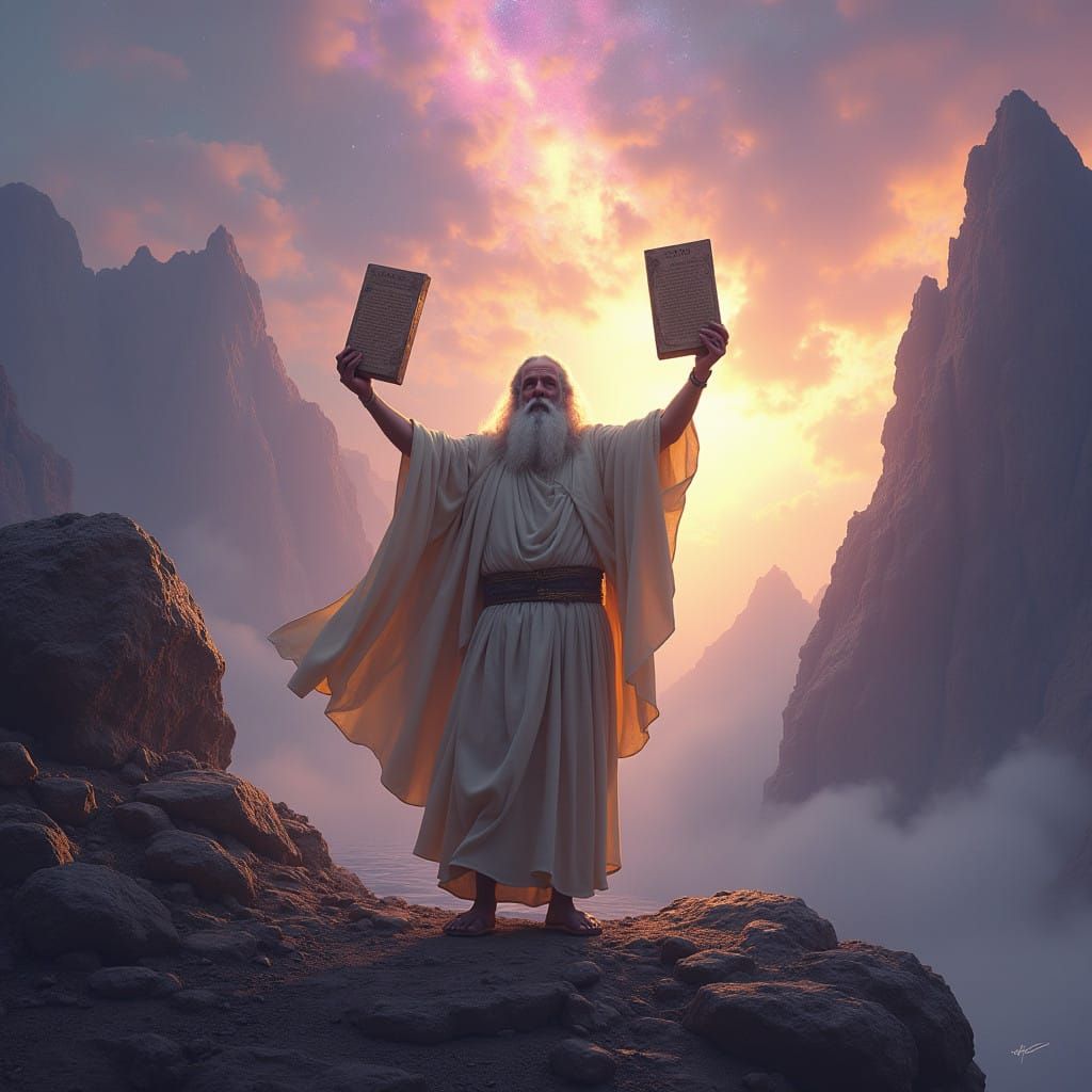 Majestic Moses on Mount Sinai, Illuminated by Divine Light i...