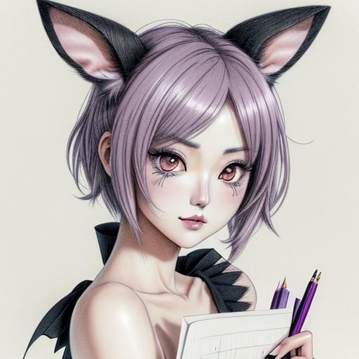 Cute Anime Bunny-Girl Pencil Sketch in Gothic Thai Style