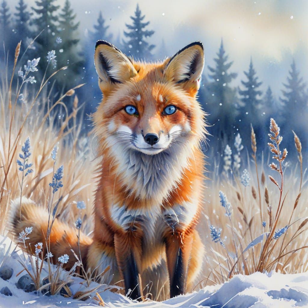 Vibrant Watercolor Fox in Snowy Landscape
