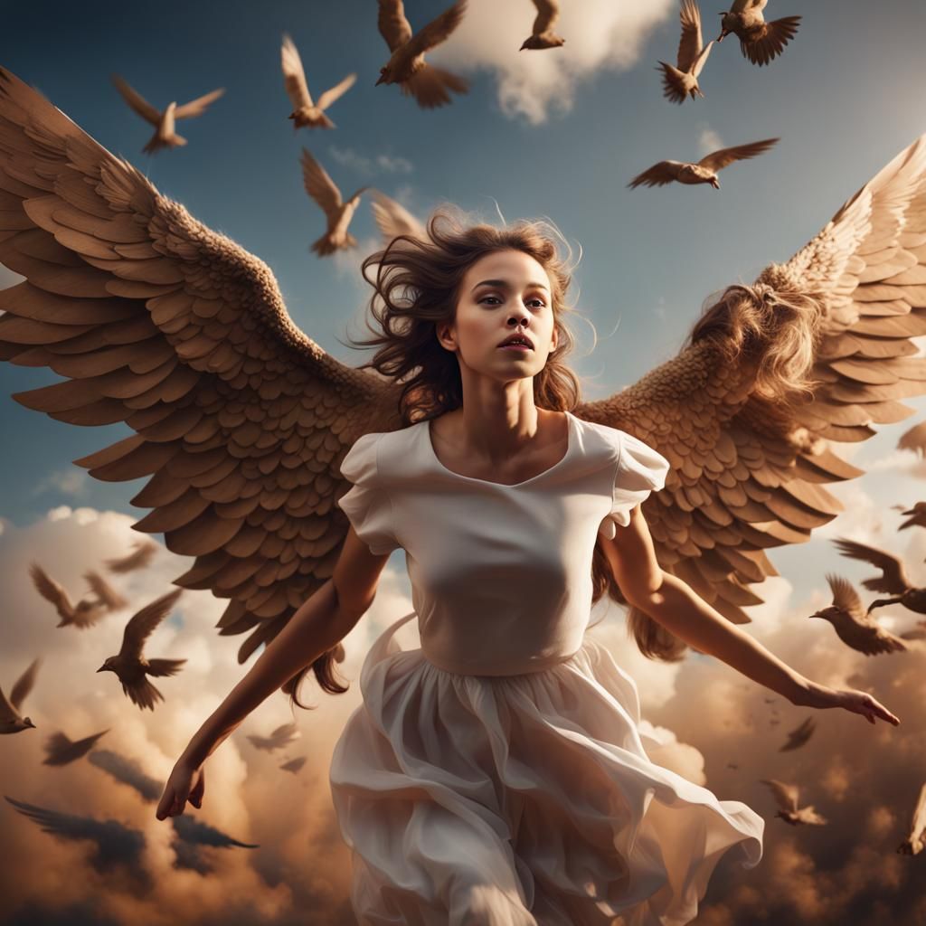 Girl Flies with Cardboard Wings: Ultra-Realistic Photo
