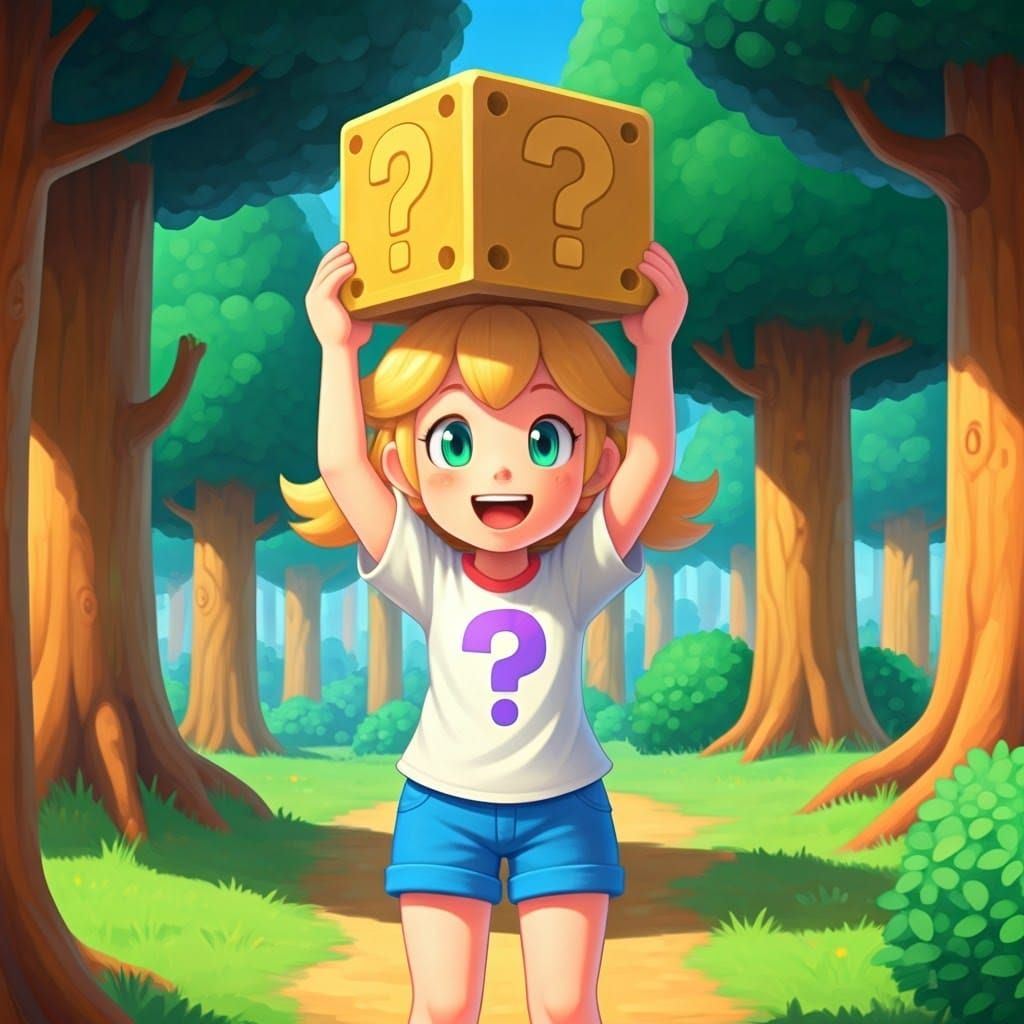 Joyful Girl Discovers Mystery Block in Vibrant Whimsical For...