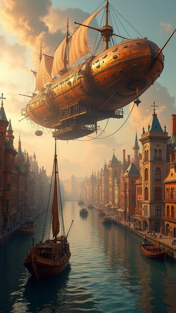 Steampunk Cityscape with Ornate Airships at Dusk