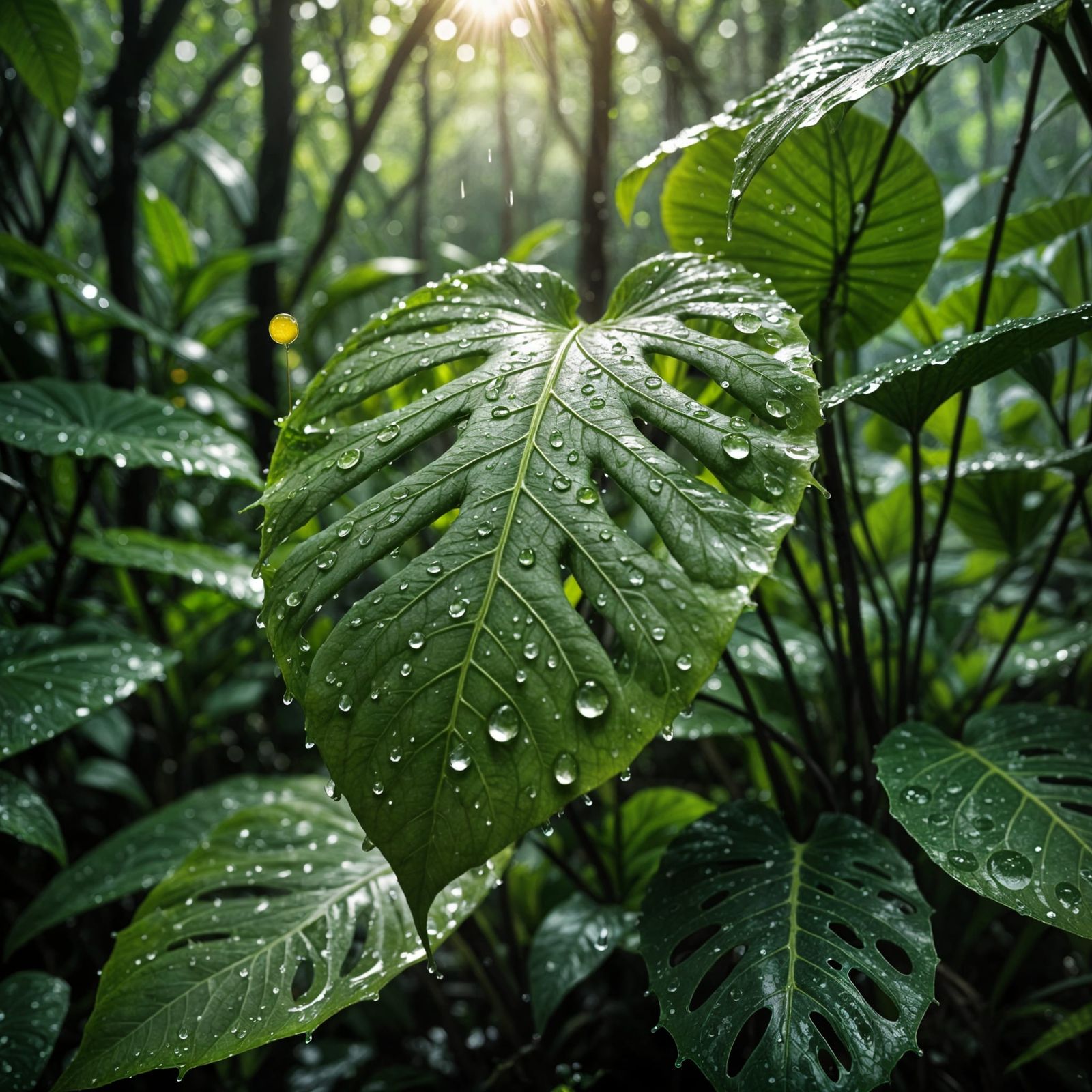 Amazon Rainforest Reflected in Leaf Droplets