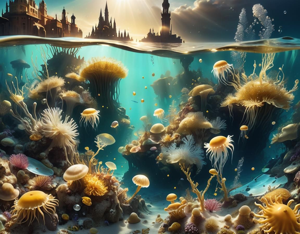 Golden Underwater City with Bioluminescent Sea Life