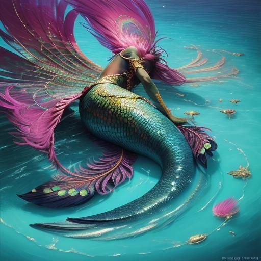 Pink Peacock Mermaid in Surrealist Oil Painting Style