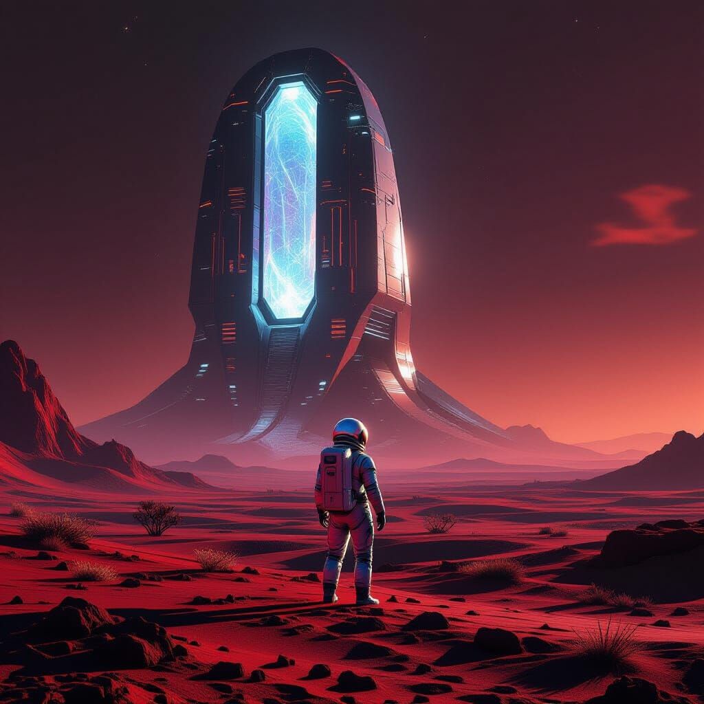 Astronaut on Alien Artifact in Crimson Landscape
