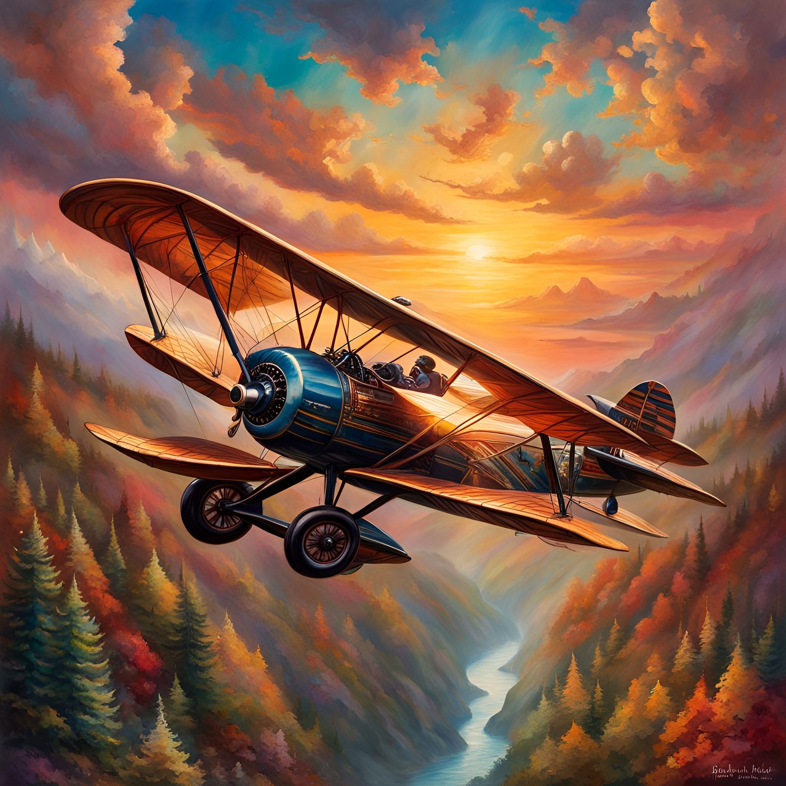 Upside Down Biplane in Vintage Watercolor Style