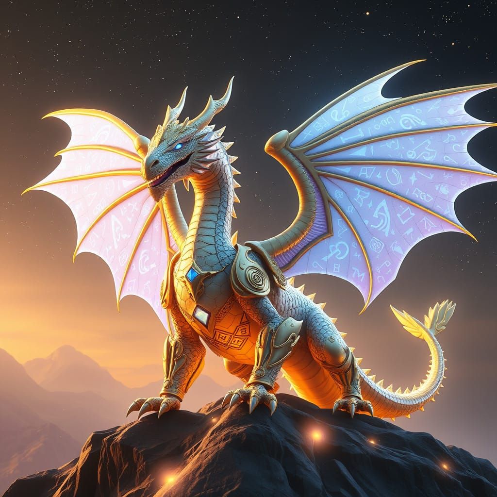 Regal, Golden-Hued Dragon Stands atop Starry Mountain Peak