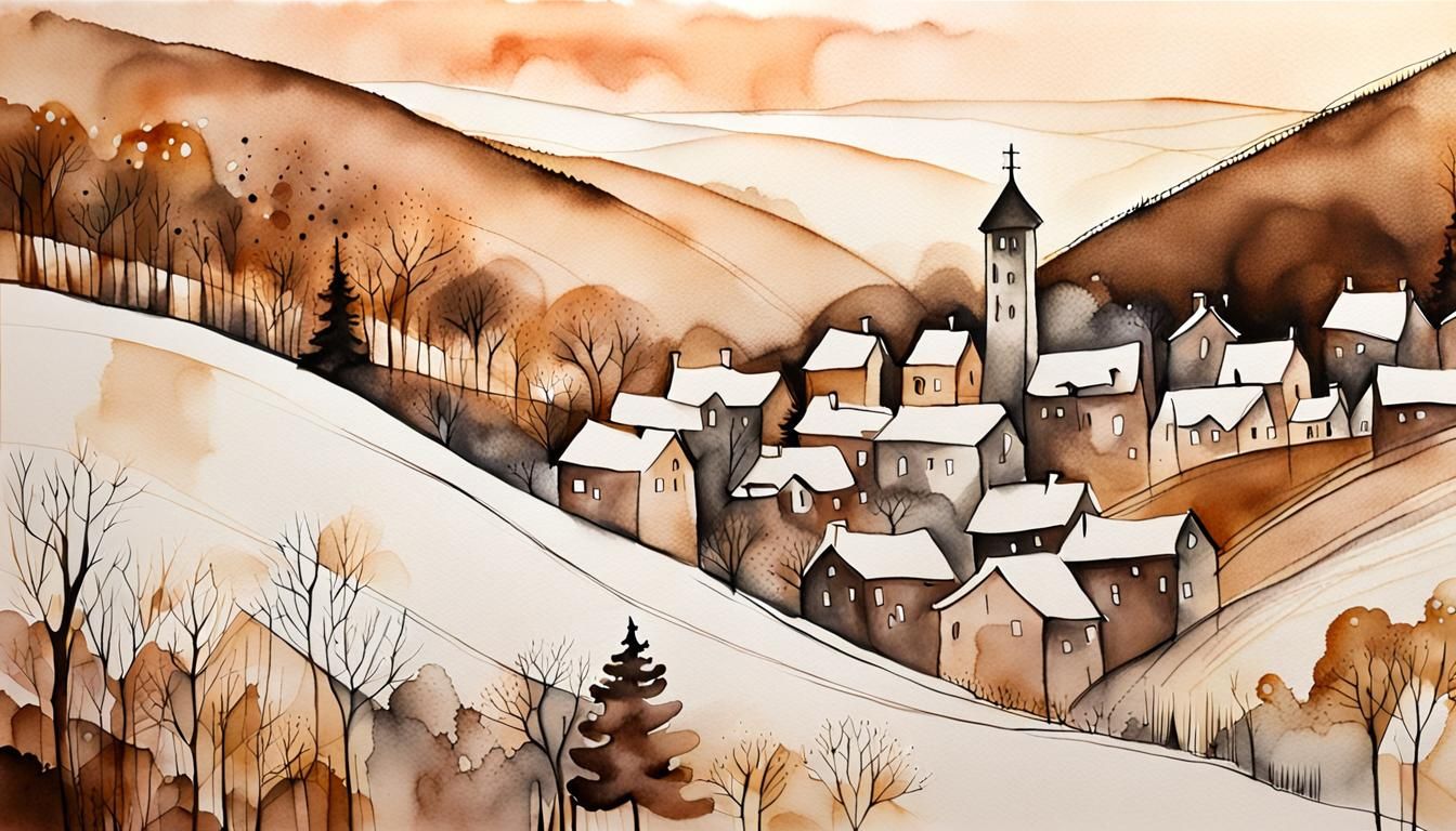 Beige Tower in Cozy Winter Village Ink Drawing