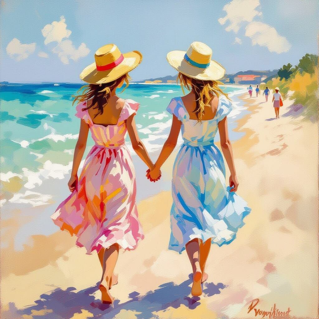 Sisters Walking on Beach in Impressionist Style