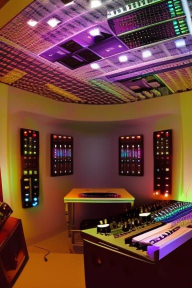 Vibrant DJ Studio with Synthesizers and Laser Lights