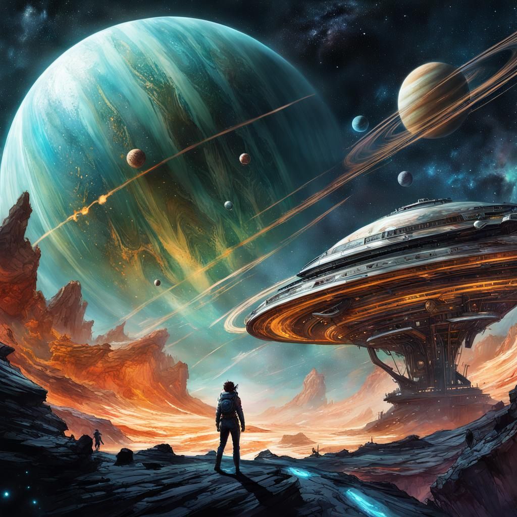 Starship Orbiting Gas Giant in Digital Watercolor Style